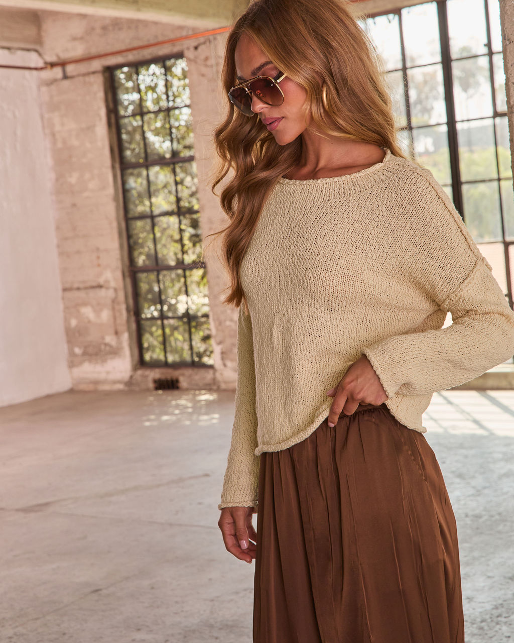 Open Knit Sweater with Rolled Trim Finish and Stretch Fit