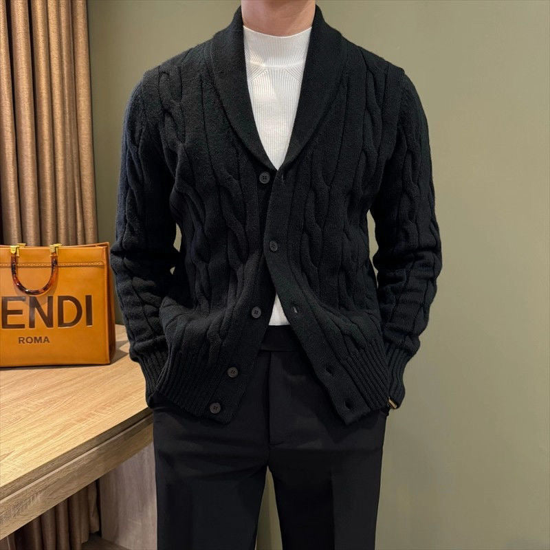 Button Front Cable Knit Cardigan with Ribbed Trim and Pill Resistant Polyester