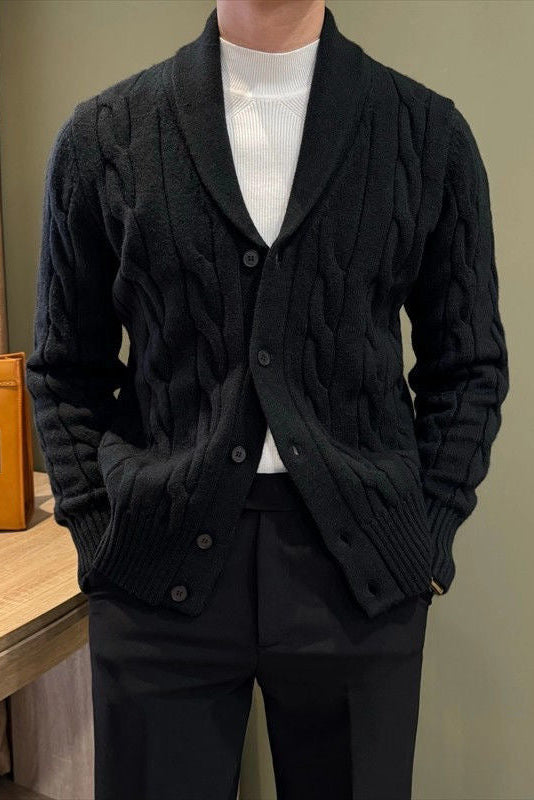 Button Front Cable Knit Cardigan with Ribbed Trim and Pill Resistant Polyester