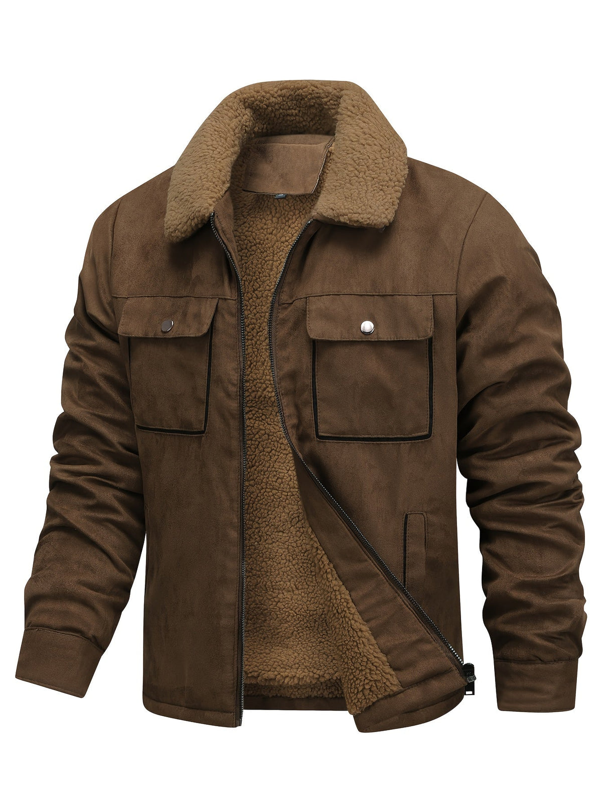 Structured Collar Lined Jacket with Full Length Zipper and Plush Fleece, Multiple Pockets