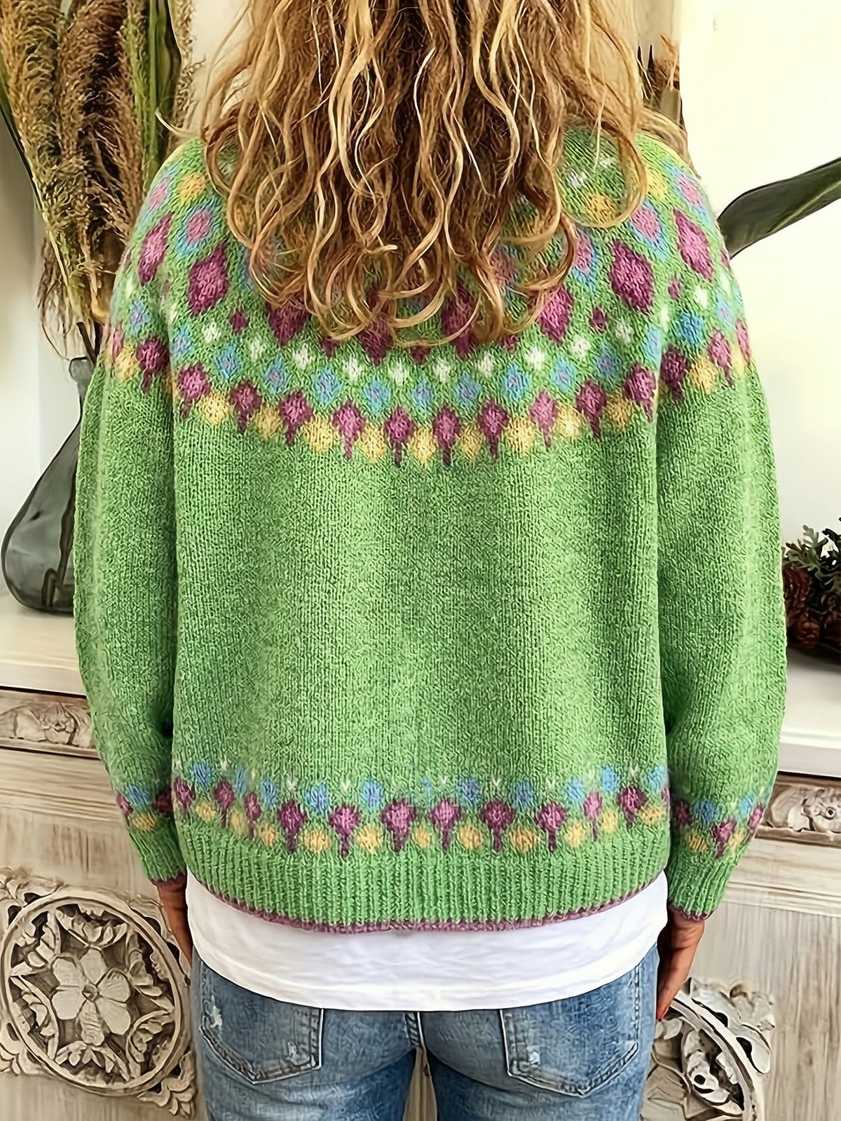 Button Front Cardigan with Nordic Geometric Pattern and V Neckline