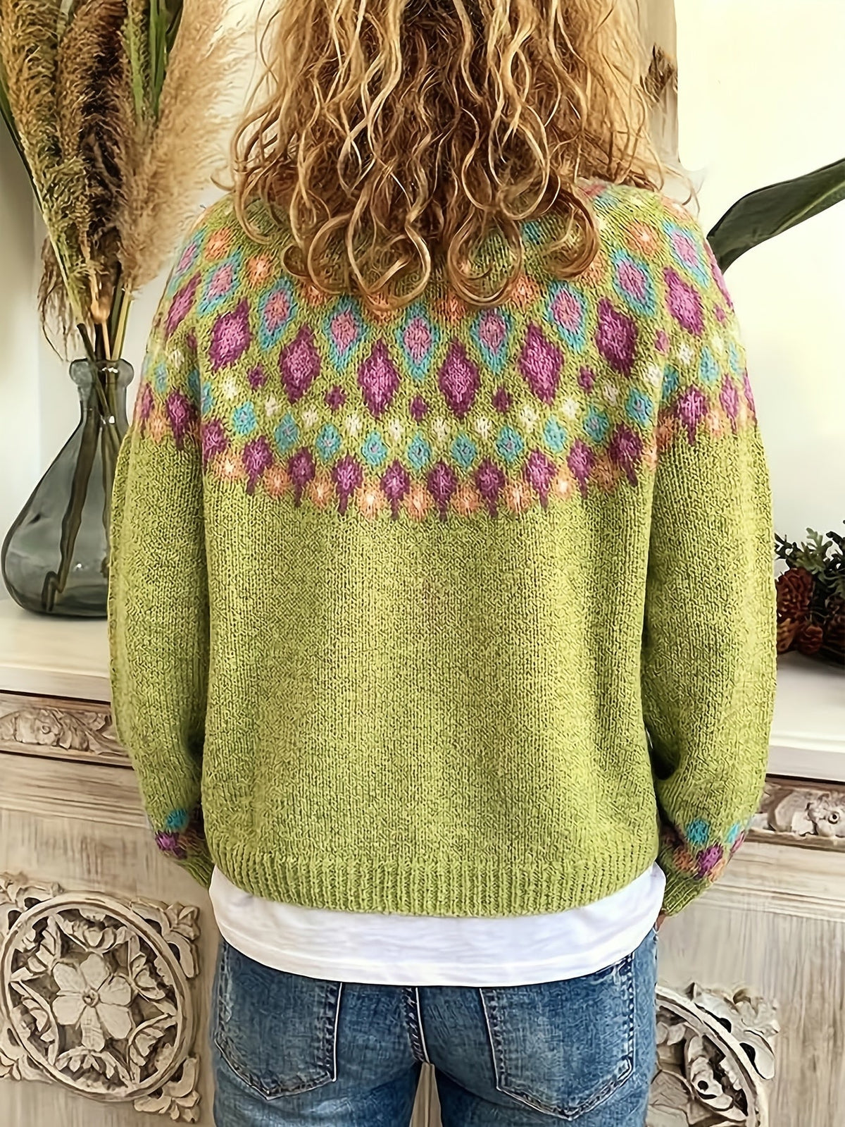 Button Front Cardigan with Nordic Geometric Pattern and V Neckline