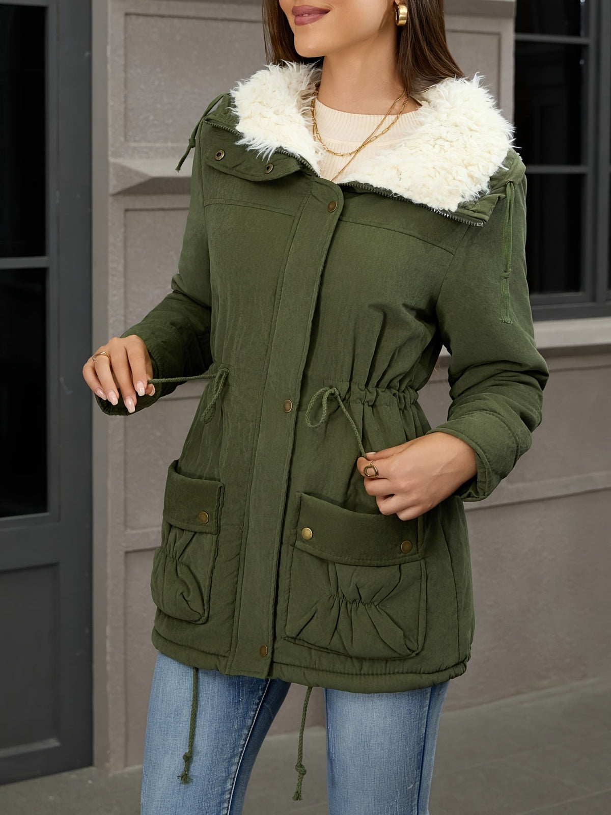 Women's Mid Length Parka with Snap Button Closure and Plush Lining, Adjustable Drawstring