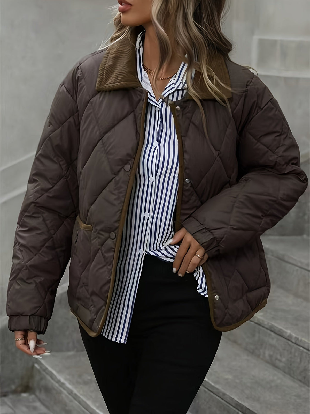 Quilted Jacket with Diamond Stitching and Button Front, Contrast Trim