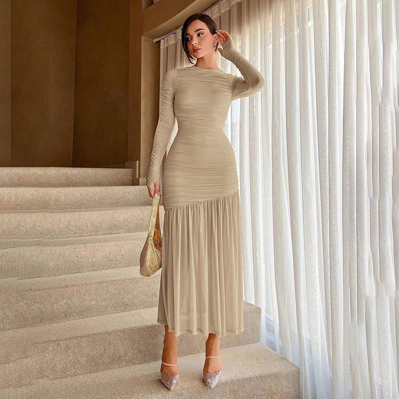 Women's Long Sleeve Ruched Drop Waist Pleated Midi Dress - Crew Neck