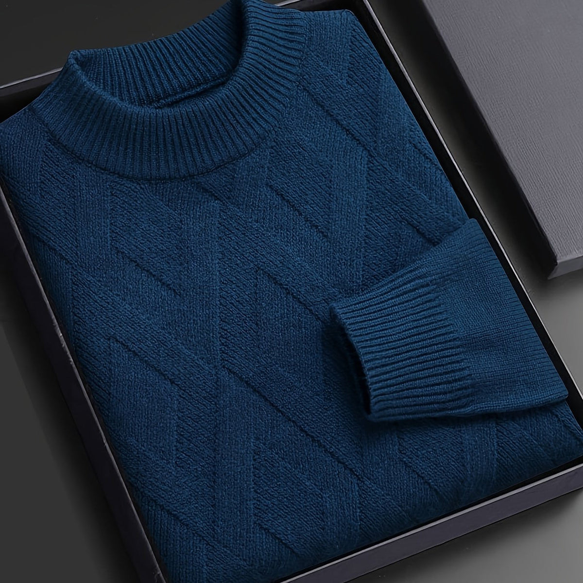 Close Fit Mock Neck Sweater with Diagonal Knit and Ribbed Cuffs