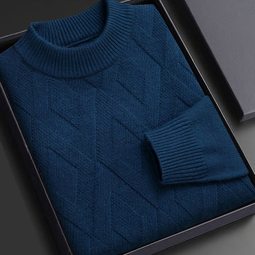 Close Fit Mock Neck Sweater with Diagonal Knit and Ribbed Cuffs