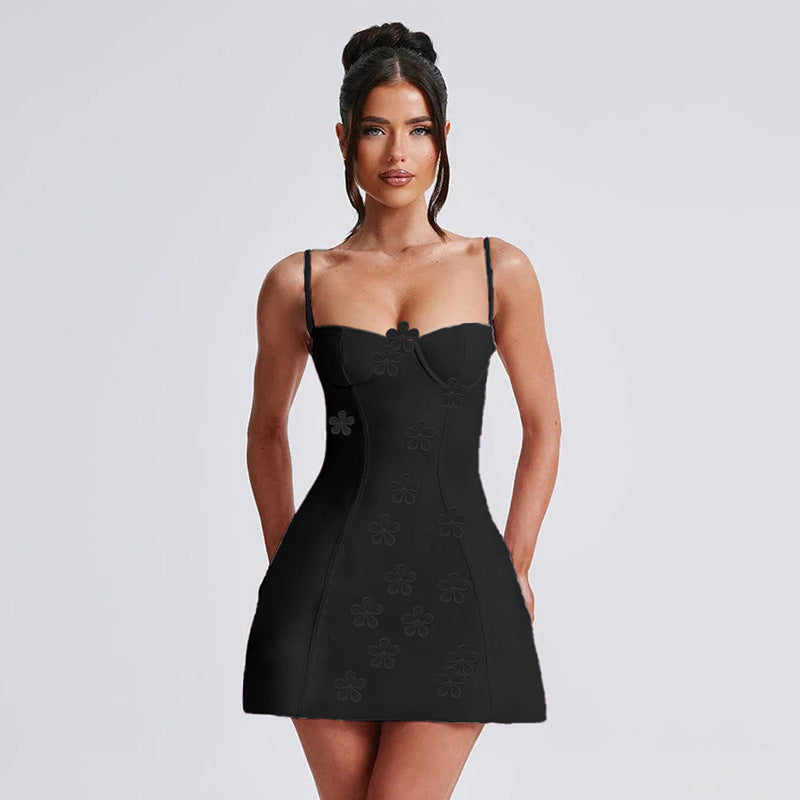 Women's Spaghetti Strap Mini Dress - Sweetheart Corset Bodice - Floral Applique Detail