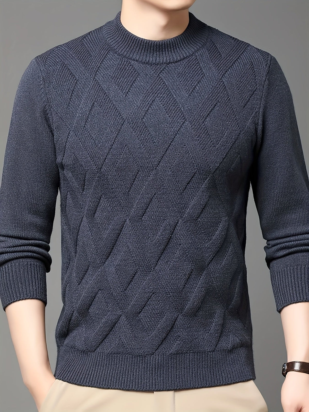 Close Fit Mock Neck Sweater with Diagonal Knit and Ribbed Cuffs