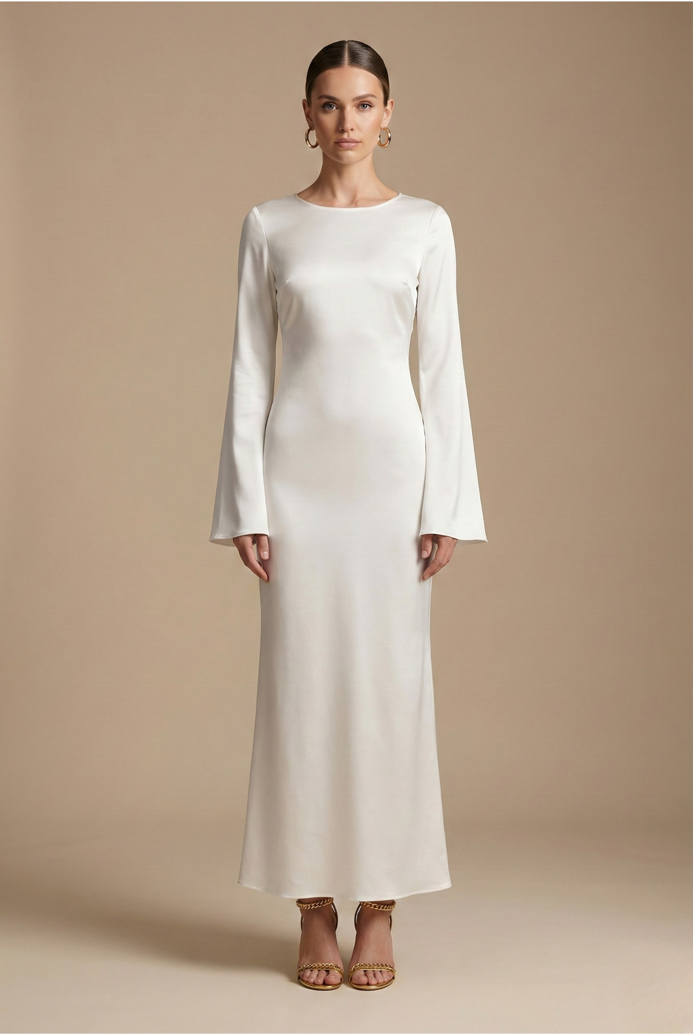 Women’s Long Sleeve Maxi Dress with Round Neck and Tie Waist