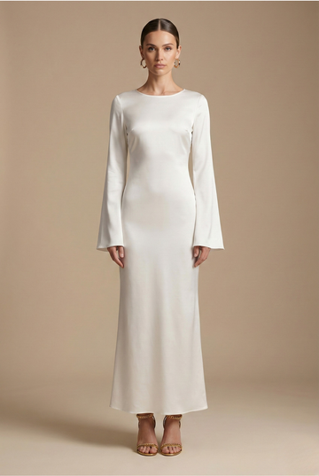 Women’s Long Sleeve Maxi Dress with Round Neck and Tie Waist