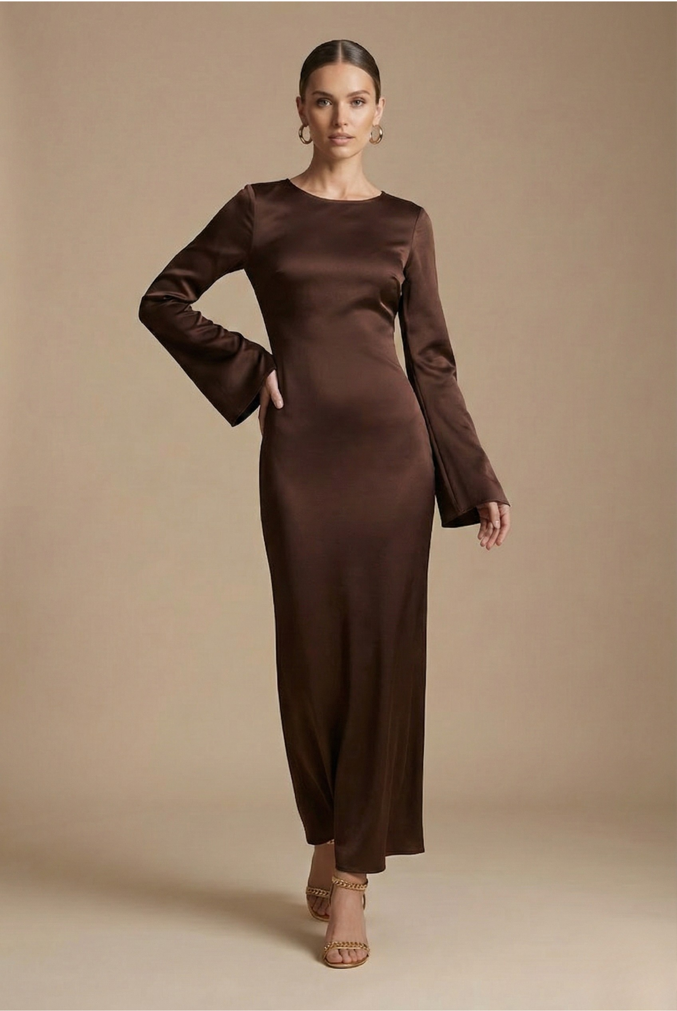Women’s Long Sleeve Maxi Dress with Round Neck and Tie Waist