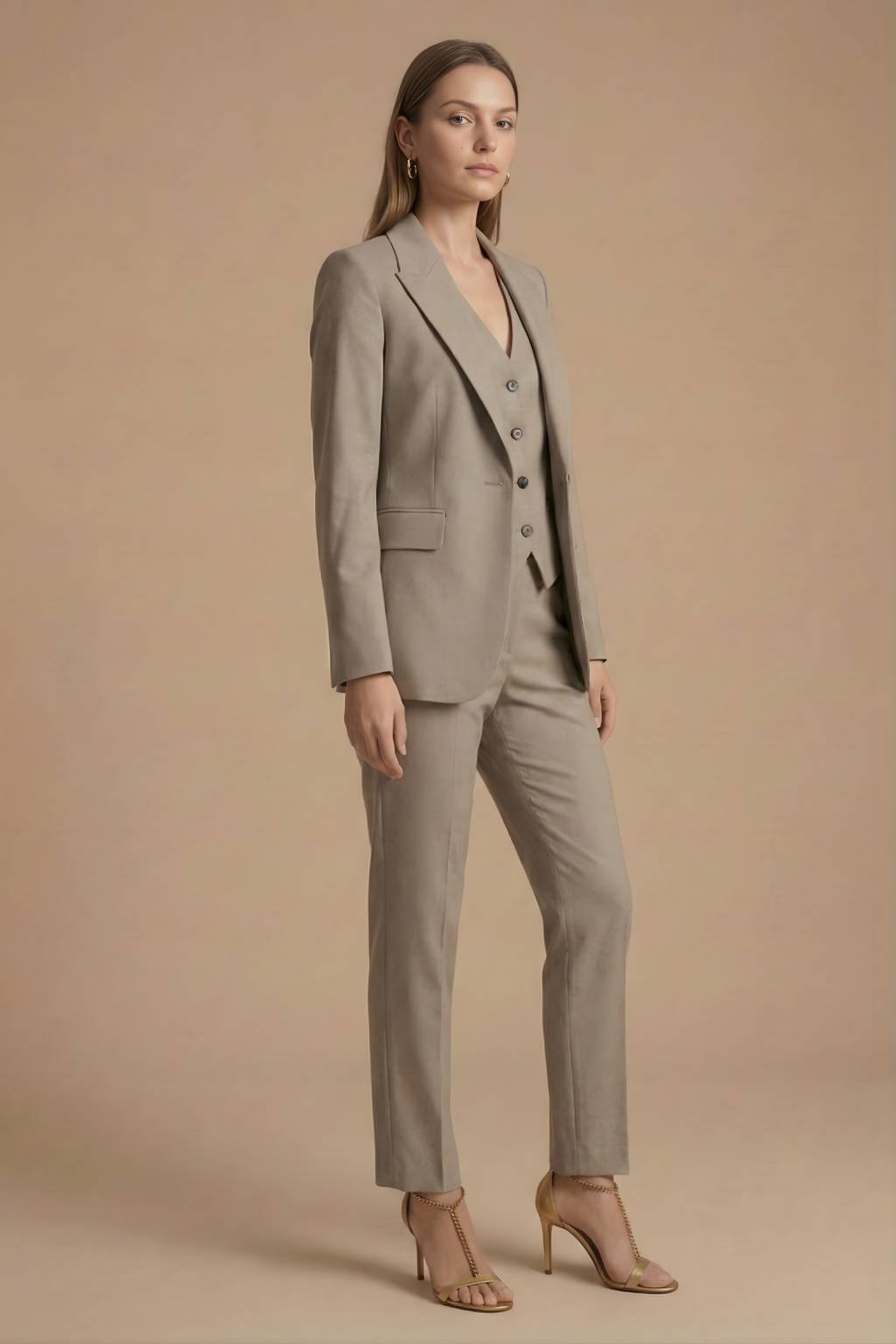 Women’s 3-Piece Suit Set with Single-Breasted Blazer Buttoned Waistcoat and Tailored Trousers