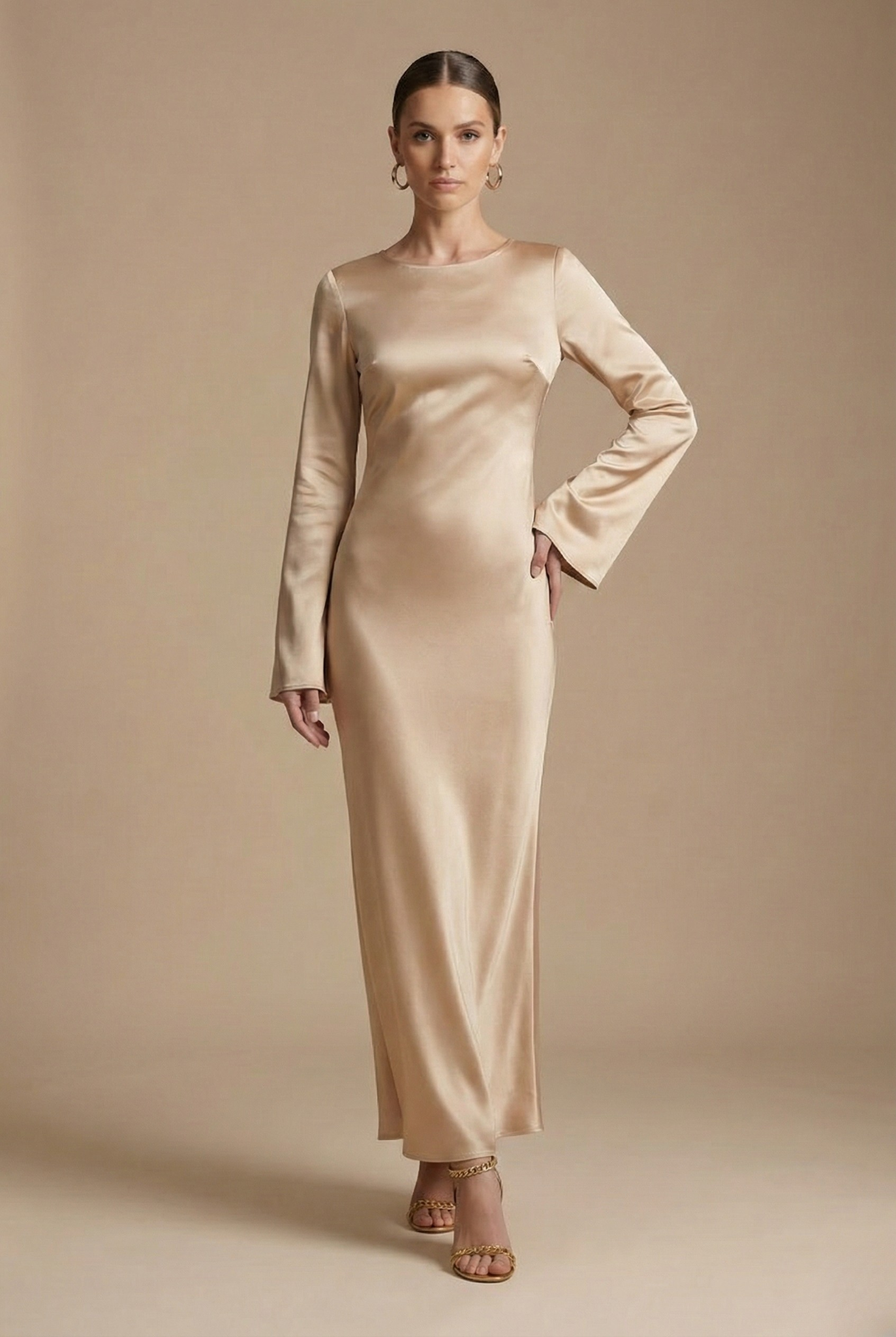 Women’s Long Sleeve Maxi Dress with Round Neck and Tie Waist