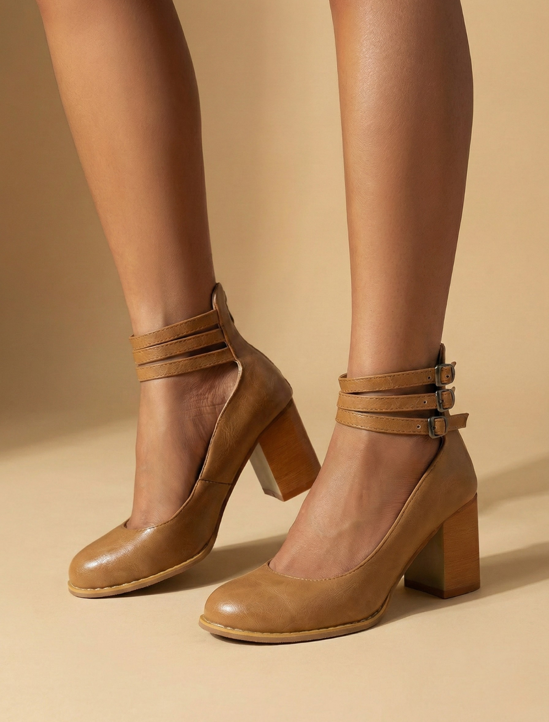 Women’s Block Heel Ankle Shoes with Buckle Straps and Closed Toe