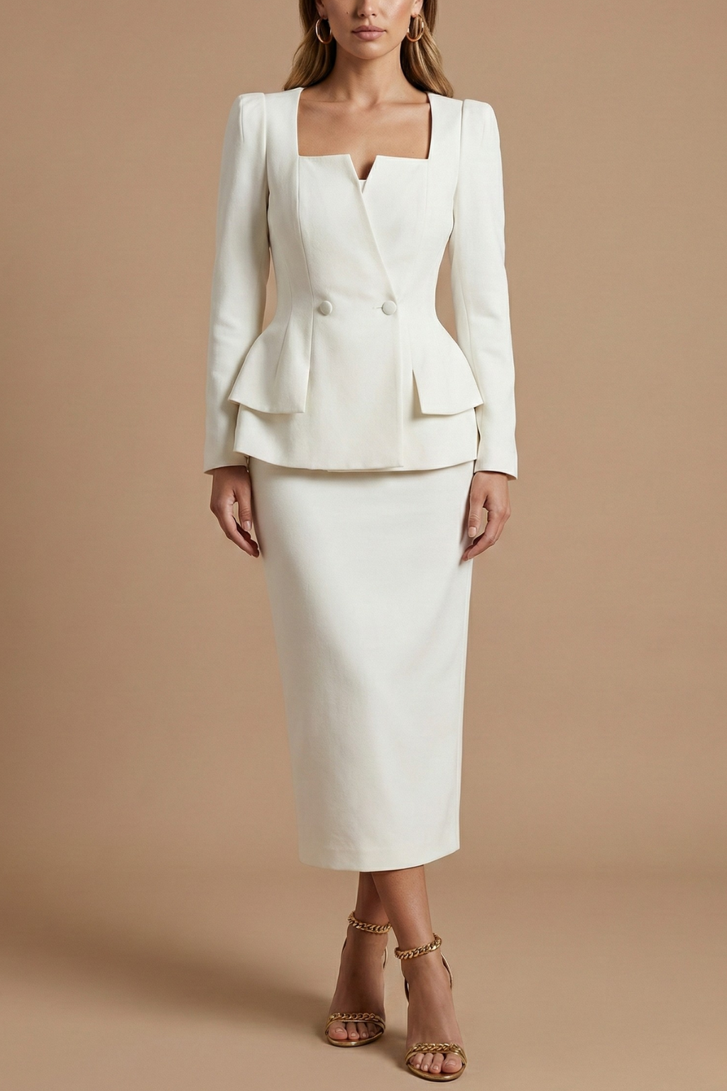 Women’s Two-Piece Blazer and Midi Skirt Set with Square Neckline and Button Detail