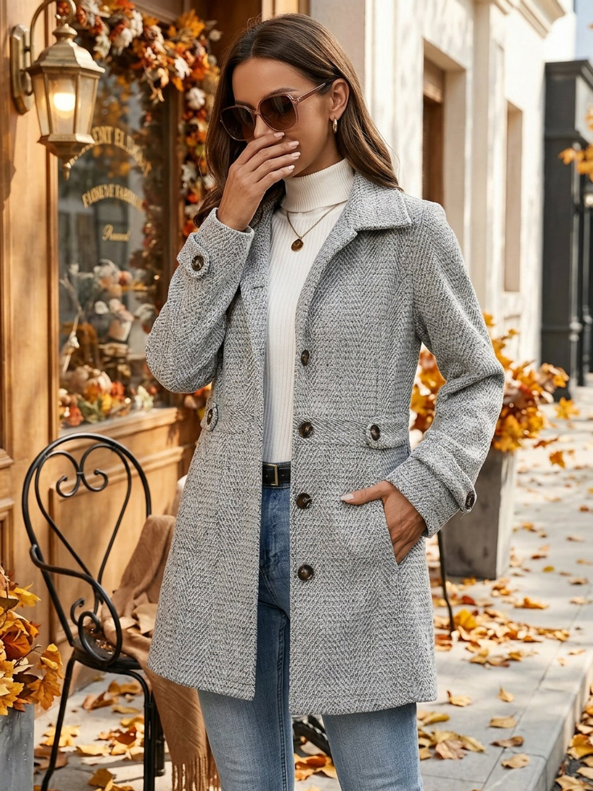 Herringbone Coat with Button Waist Detail and Classic Collar, Below Hip Length