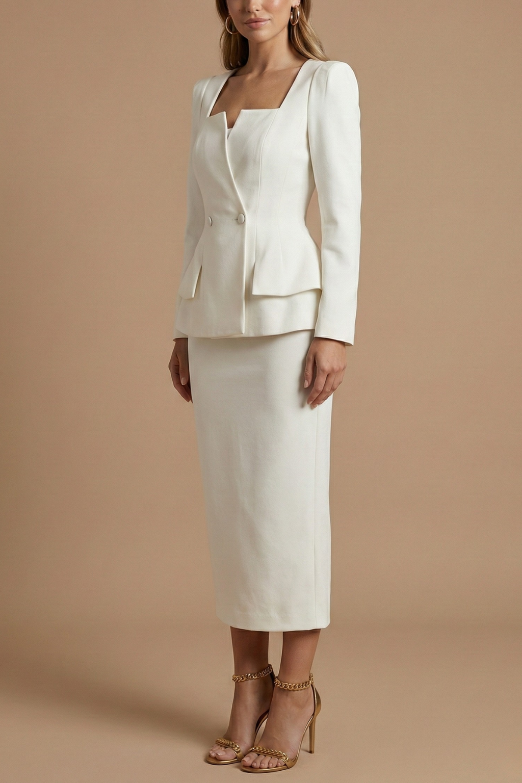 Women’s Two-Piece Blazer and Midi Skirt Set with Square Neckline and Button Detail