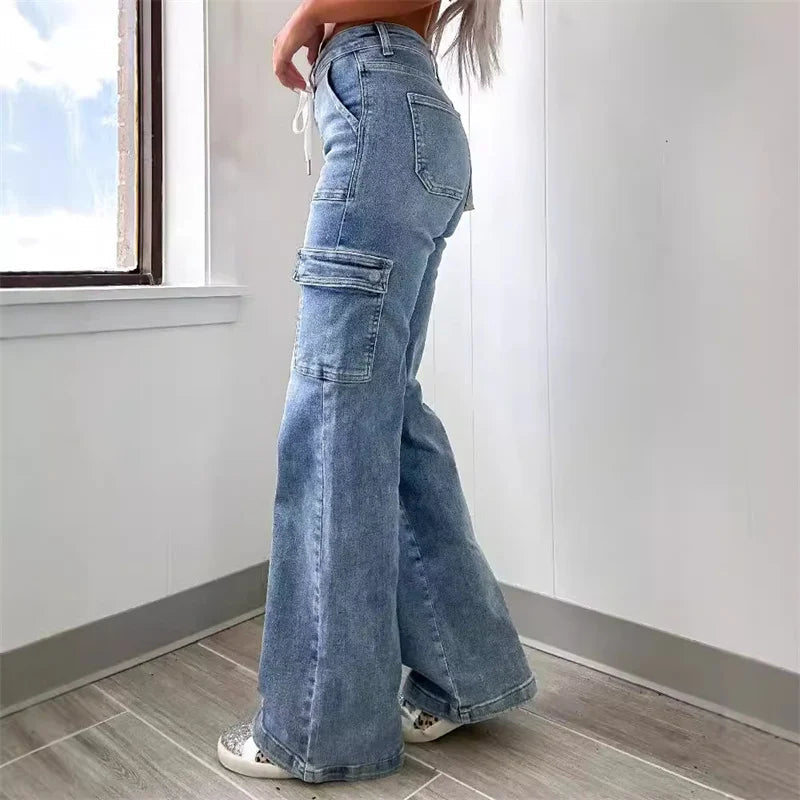 Women's Cargo Jeans - High Waist Drawstring Flap Pocket Wide Leg Denim Pants with Washed Finish