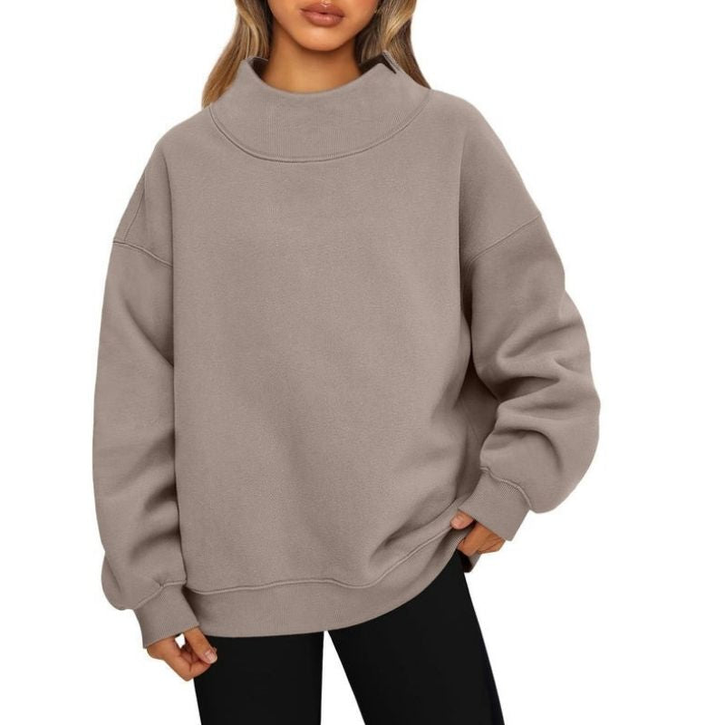 Women's Mock Neck Sweatshirt with Fleece Lining and Drop Shoulder Design, Asymmetric Slit