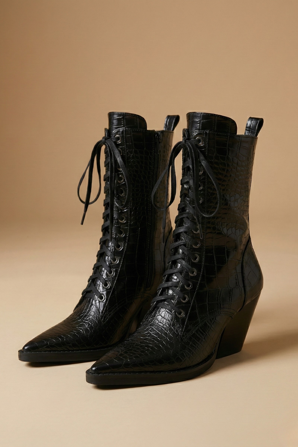 Women Lace Up Ankle Boots - Block Heel Pointed Toe Statement Design