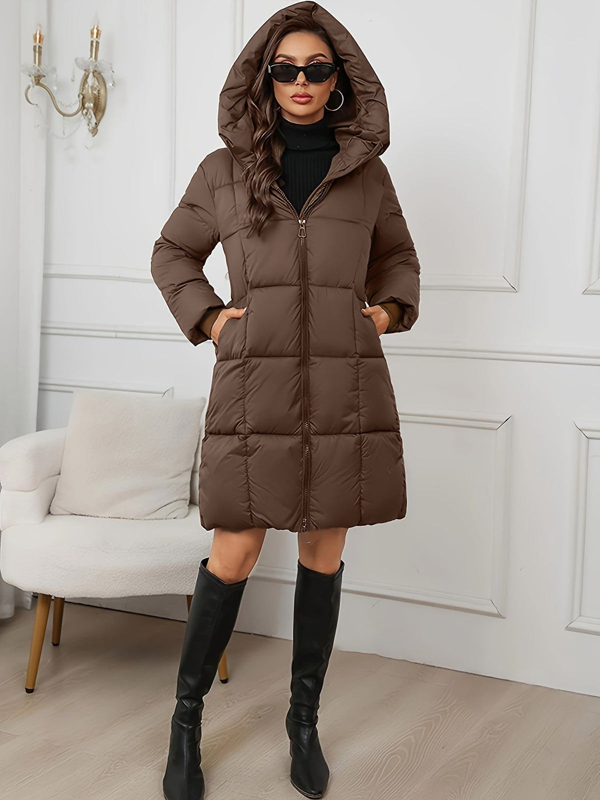 Longline Quilted Coat with Adjustable Drawstring Hood and Side Pockets