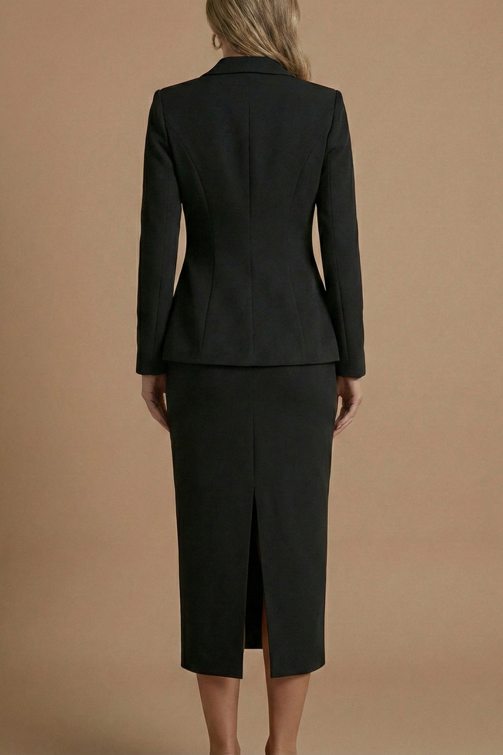 Women’s Two-Piece Blazer and Midi Skirt Set with Square Neckline and Button Detail