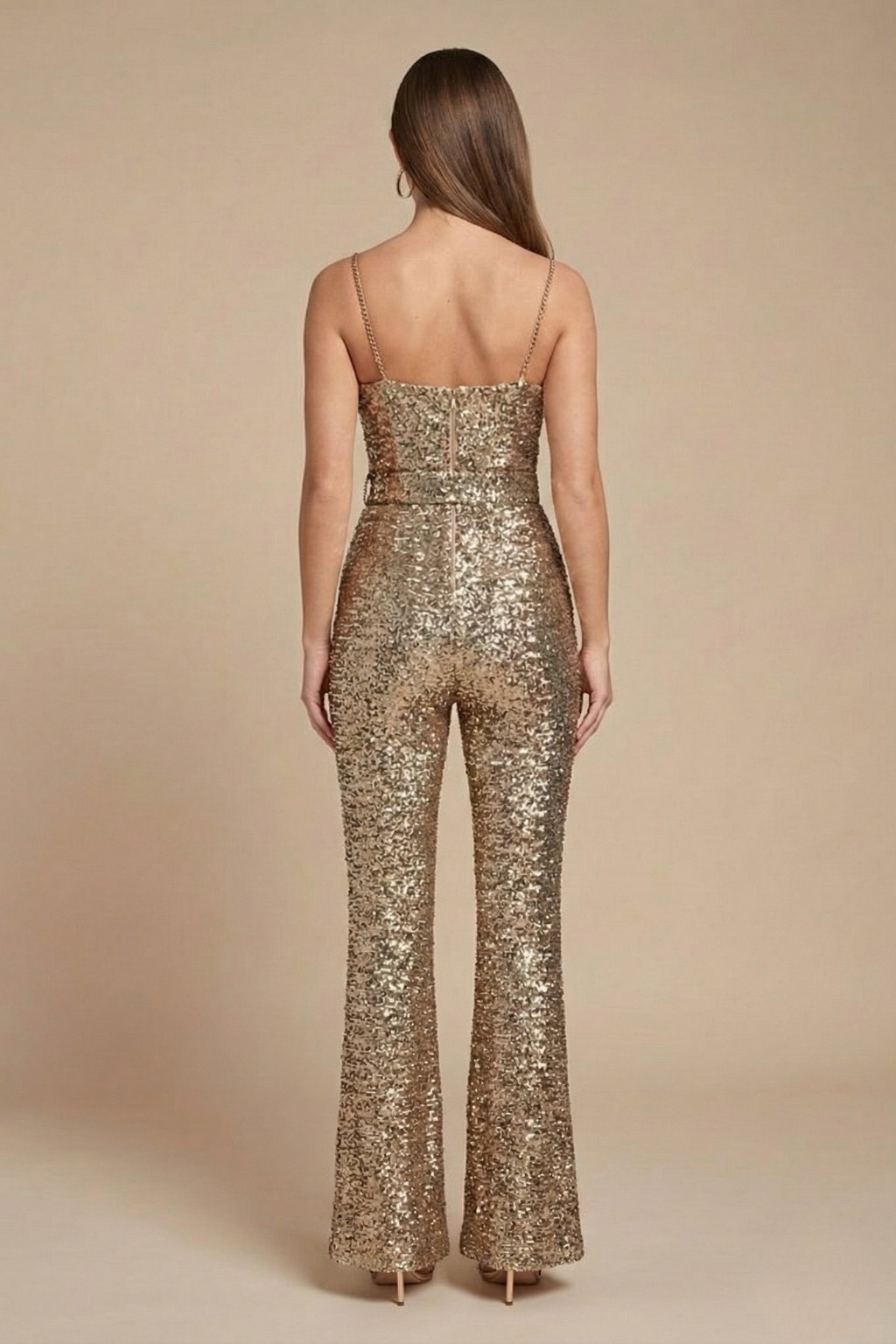 Women’s Sequin Jumpsuit with Slim Straps Fitted Bodice and Wide Leg Elegant Evening Style