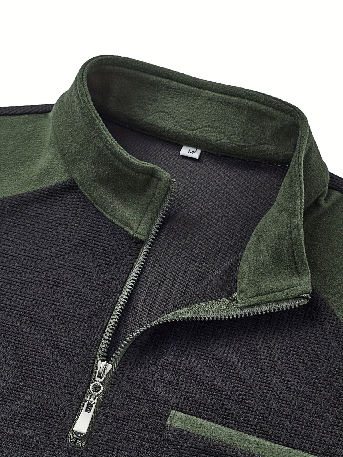 Quarter Zip Pullover with Textured Knit and Colour Block Panels, Stand Collar