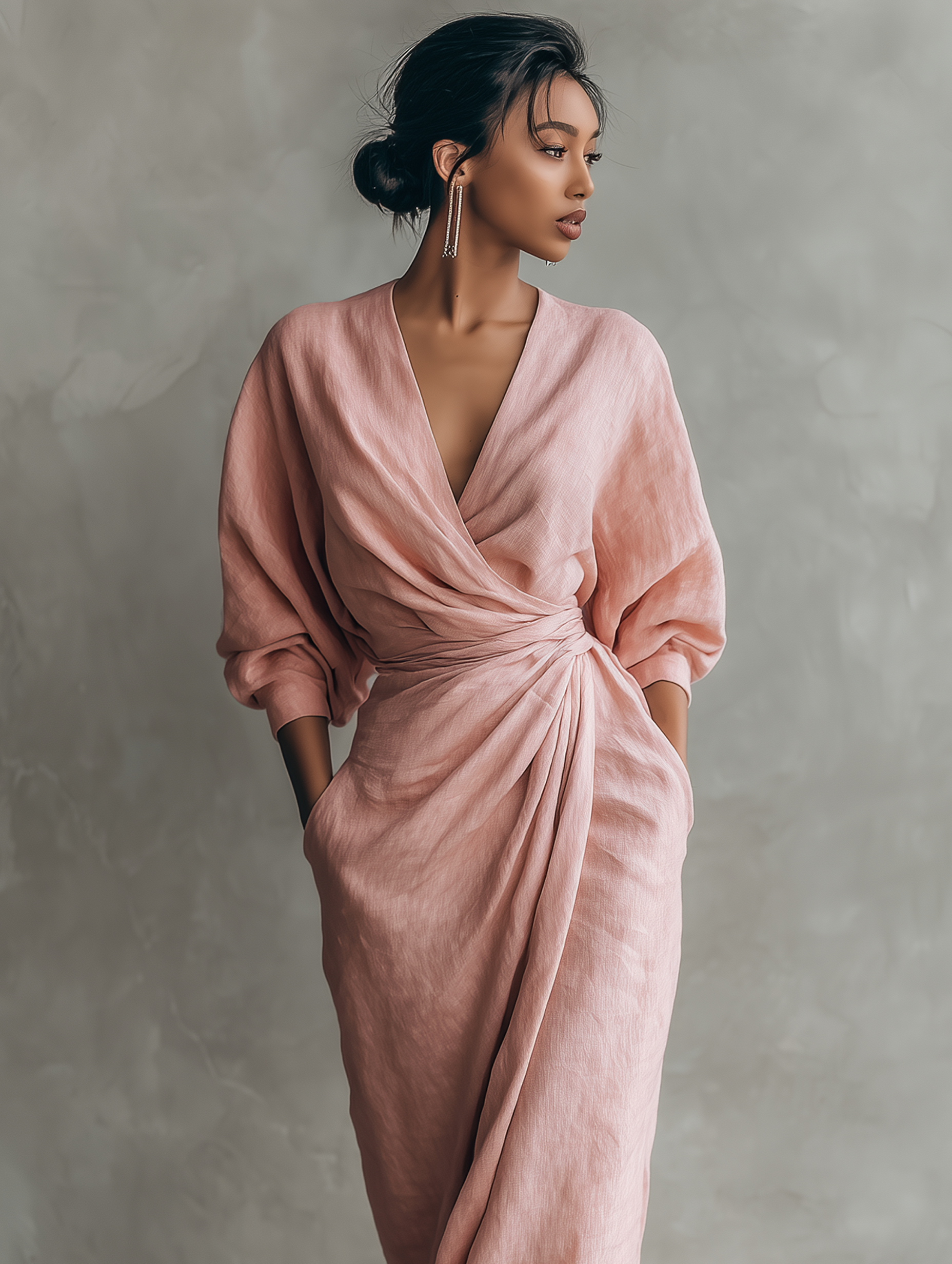 Women's Linen Blend Maxi Dress V-Neck