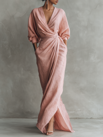 Women's Linen Blend Maxi Dress V-Neck