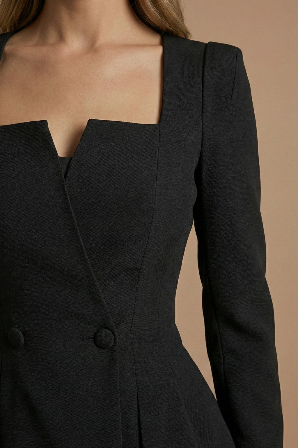 Women’s Two-Piece Blazer and Midi Skirt Set with Square Neckline and Button Detail