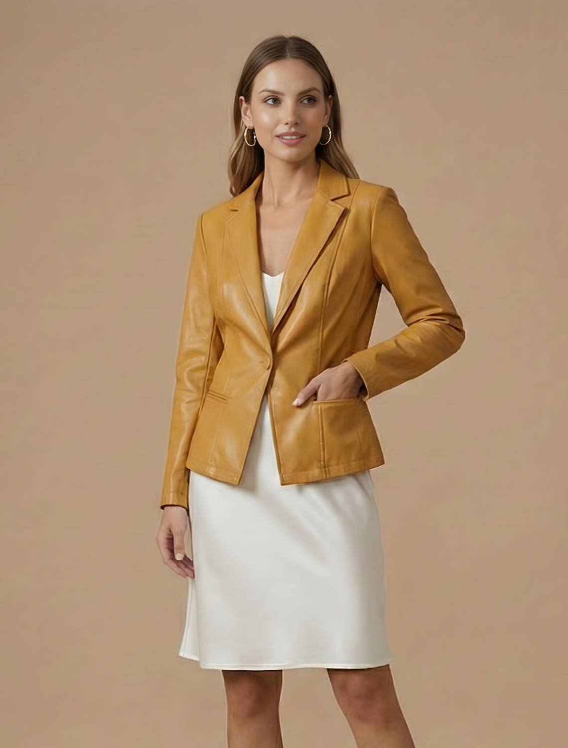 Women’s Tailored One-Button Blazer Jacket with Notched Lapel and Front Pockets - Faux Leather