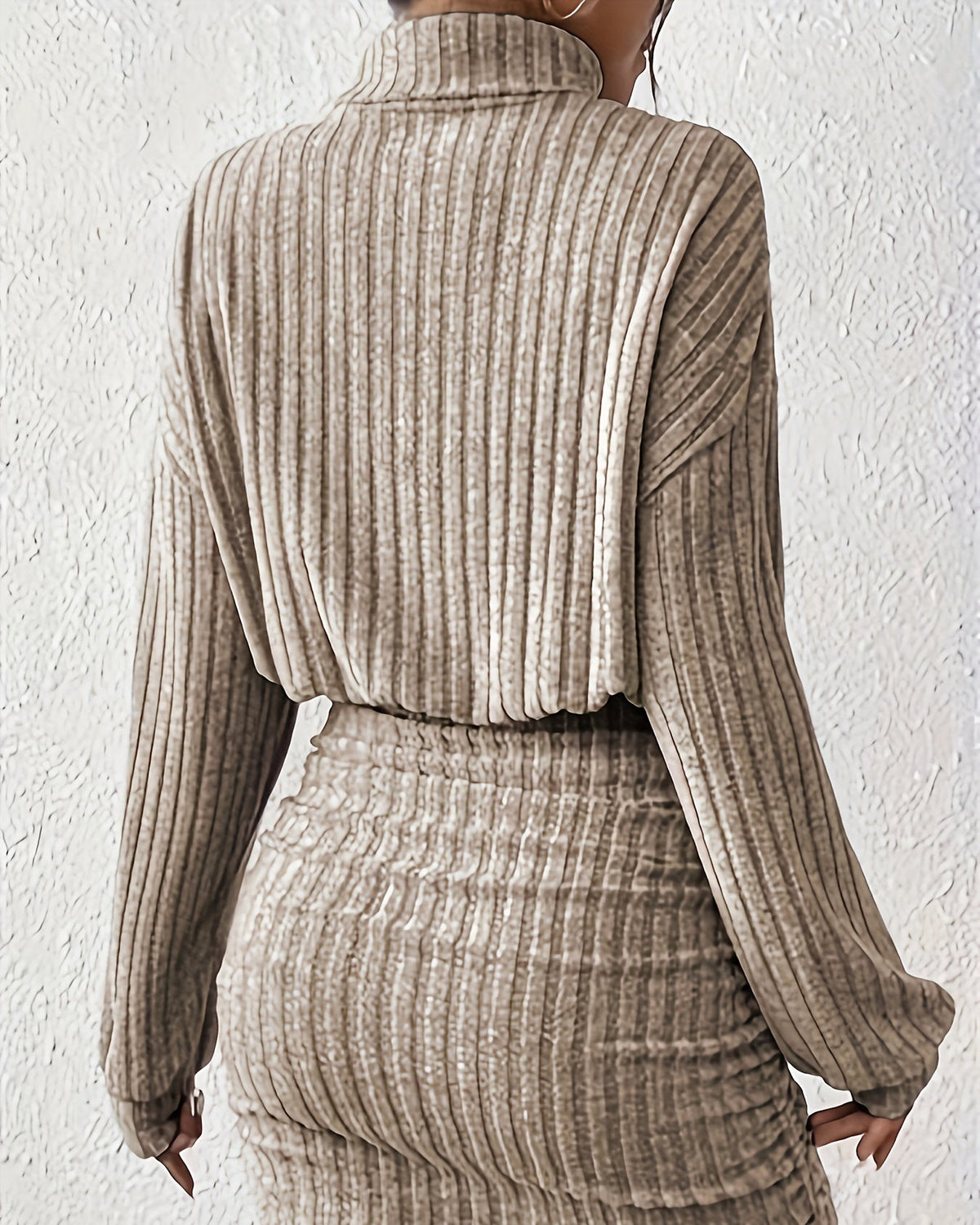 Stretch Ribbed Pullover Dress with Ruched Waist and Long Sleeves