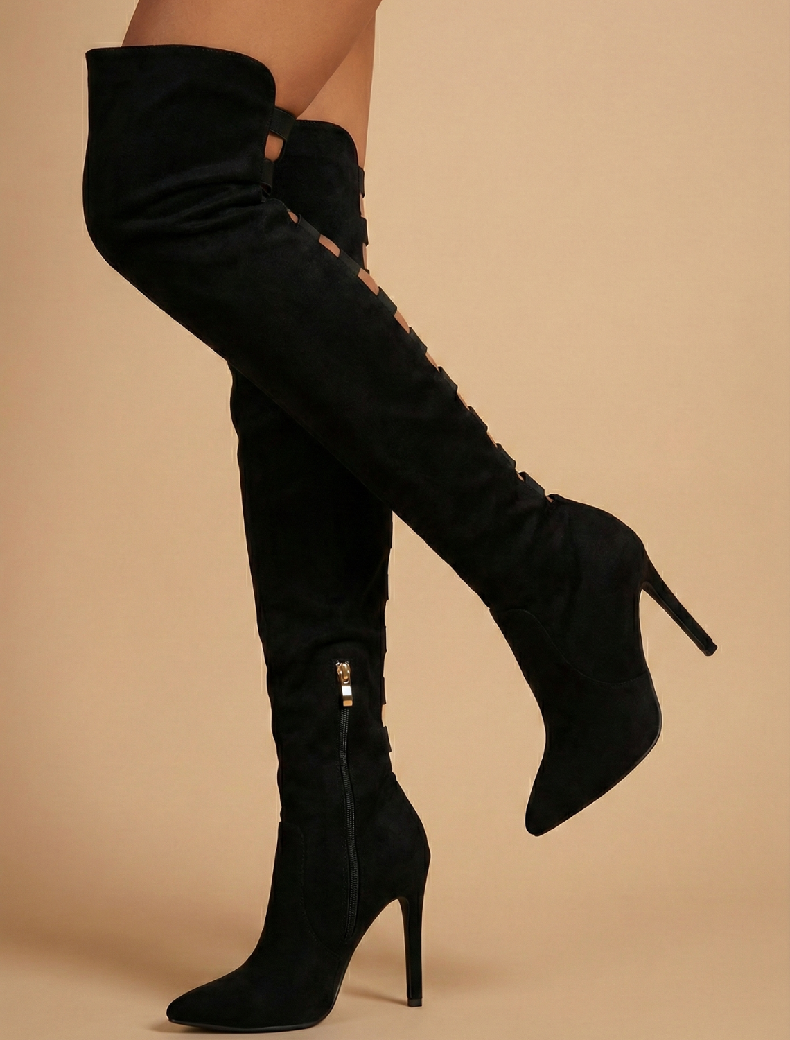 Women’s Over the Knee Boots with High Heel and Side Strap Cutout Design