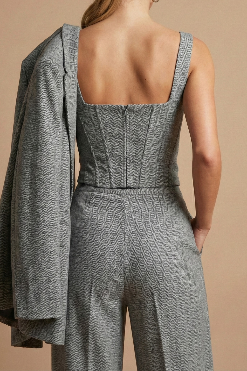 Women’s Three-Piece Suit Set with Tailored Blazer Structured Bustier and Straight-Leg Trousers