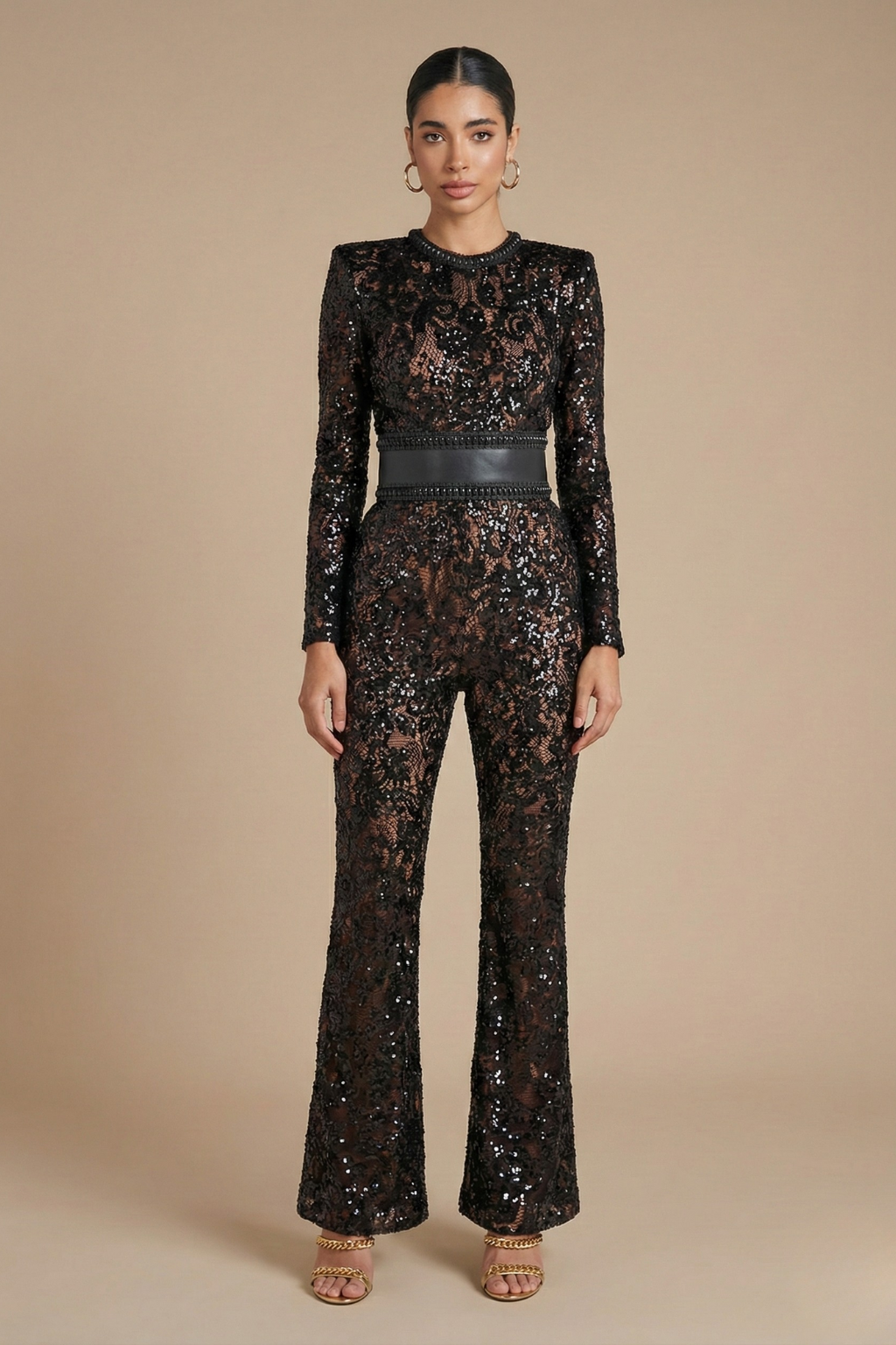 Women’s Long Sleeve Lace Evening Jumpsuit with Tailored Waist and Flared Leg Elegant Event Style