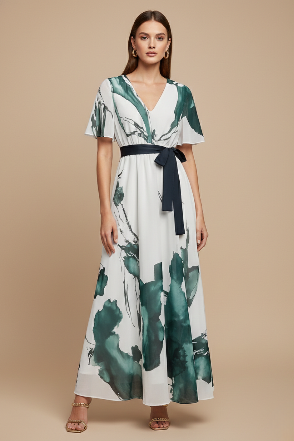 Women's V-Neck Maxi Dress - Flutter Sleeve - Abstract Print - Tie Waist
