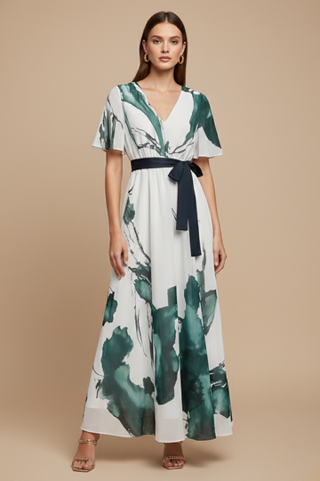 Women's V-Neck Maxi Dress - Flutter Sleeve - Abstract Print - Tie Waist