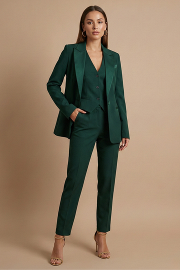 Women’s Three-Piece Tailored Suit with Single-Breasted Blazer Buttoned Waistcoat and Slim Trousers