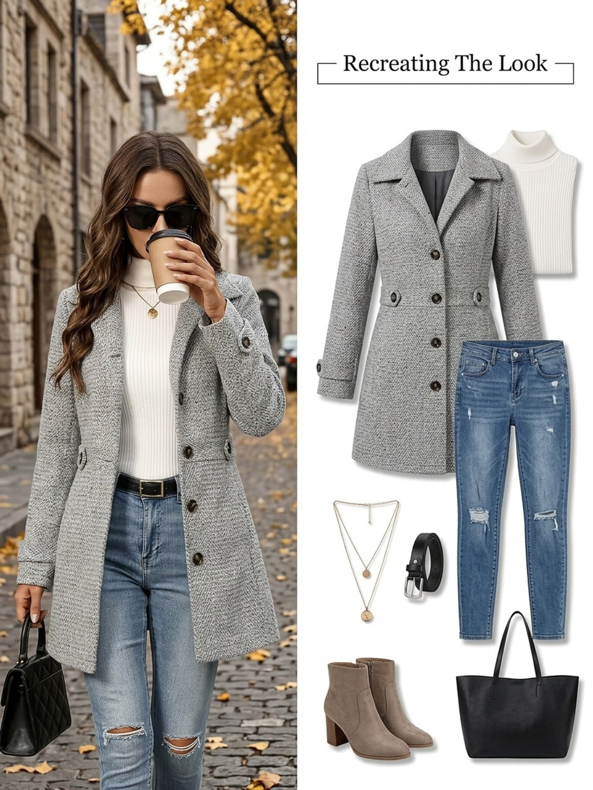 Herringbone Coat with Button Waist Detail and Classic Collar, Below Hip Length
