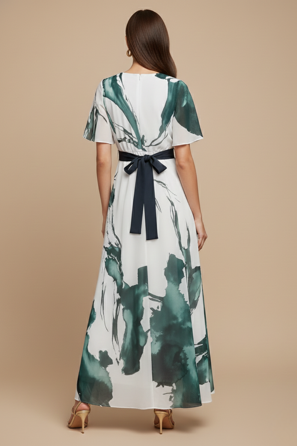 Women's V-Neck Maxi Dress - Flutter Sleeve - Abstract Print - Tie Waist