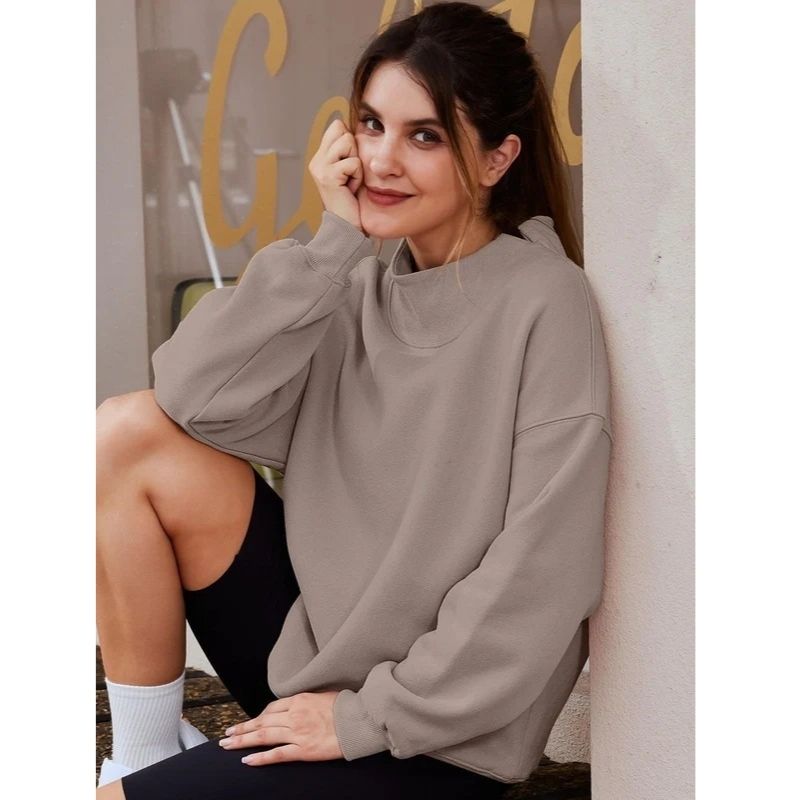 Women's Mock Neck Sweatshirt with Fleece Lining and Drop Shoulder Design, Asymmetric Slit