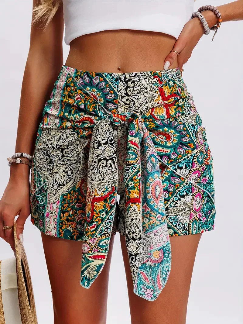 Shorts Donna Stampati - Vita Alta, Stampa Paisley, Nodo Frontale, Mini Shorts con Tasche Laterali