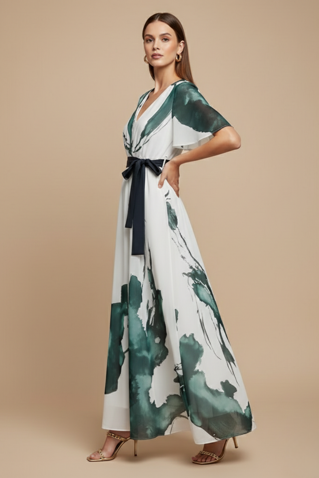 Women's V-Neck Maxi Dress - Flutter Sleeve - Abstract Print - Tie Waist