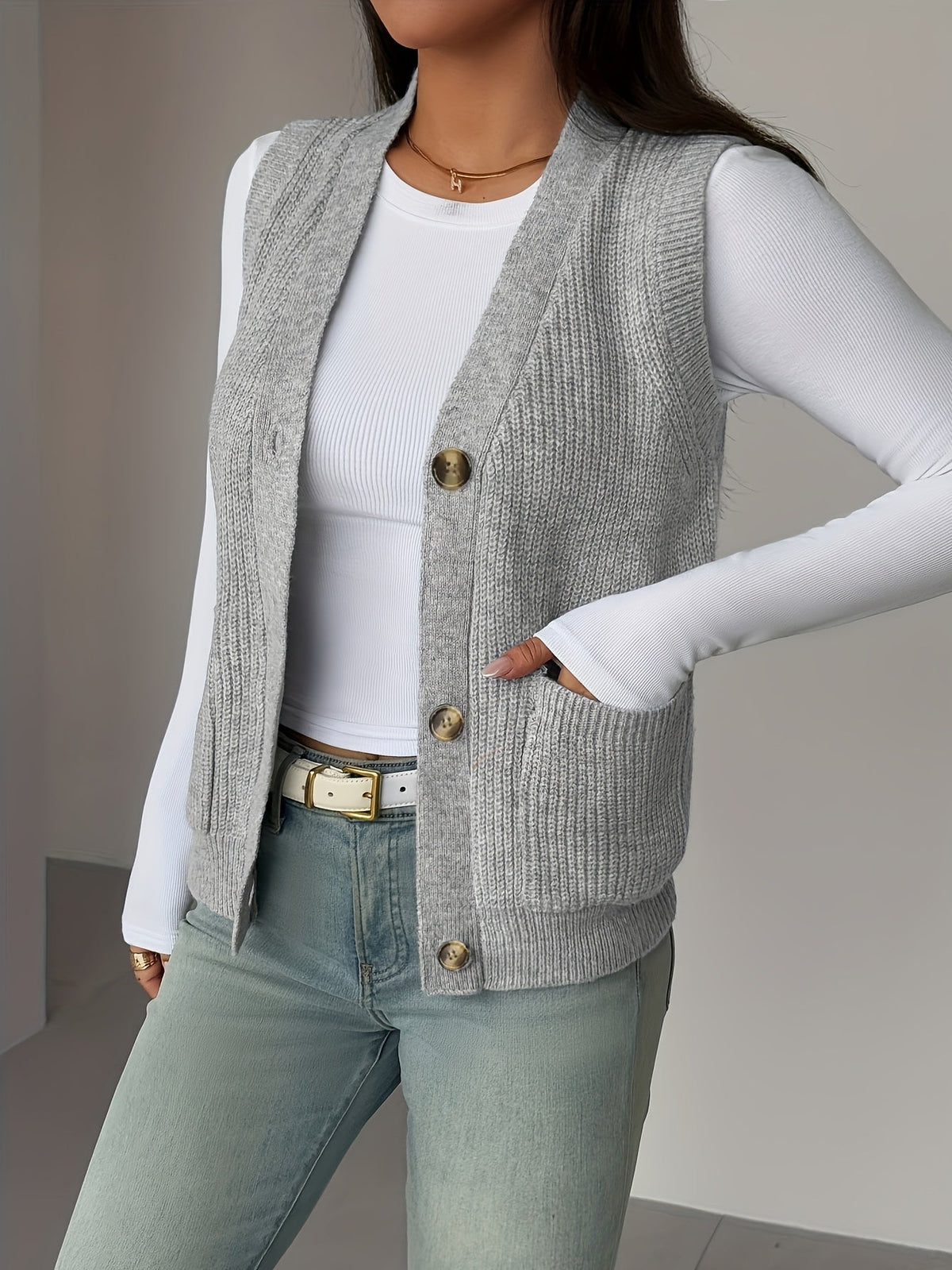 Sleeveless Knit Vest with Button Front and Front Pockets, Relaxed Fit