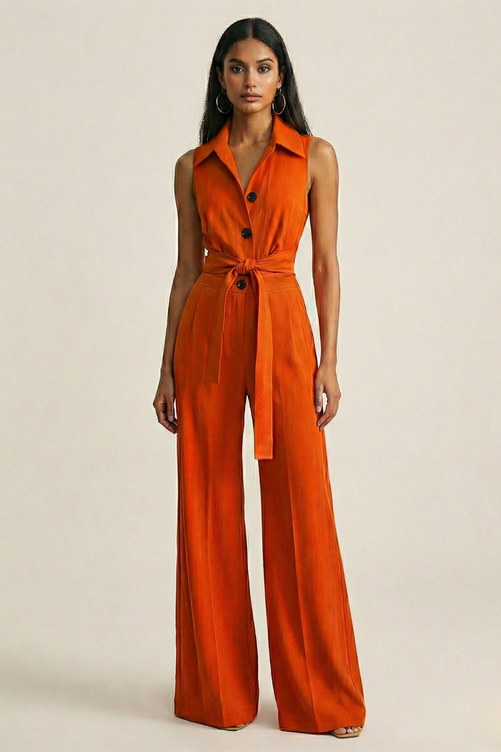 Women’s Orange Sleeveless Wide Leg Jumpsuit with Button Front and Waist Tie - Elegant City Style