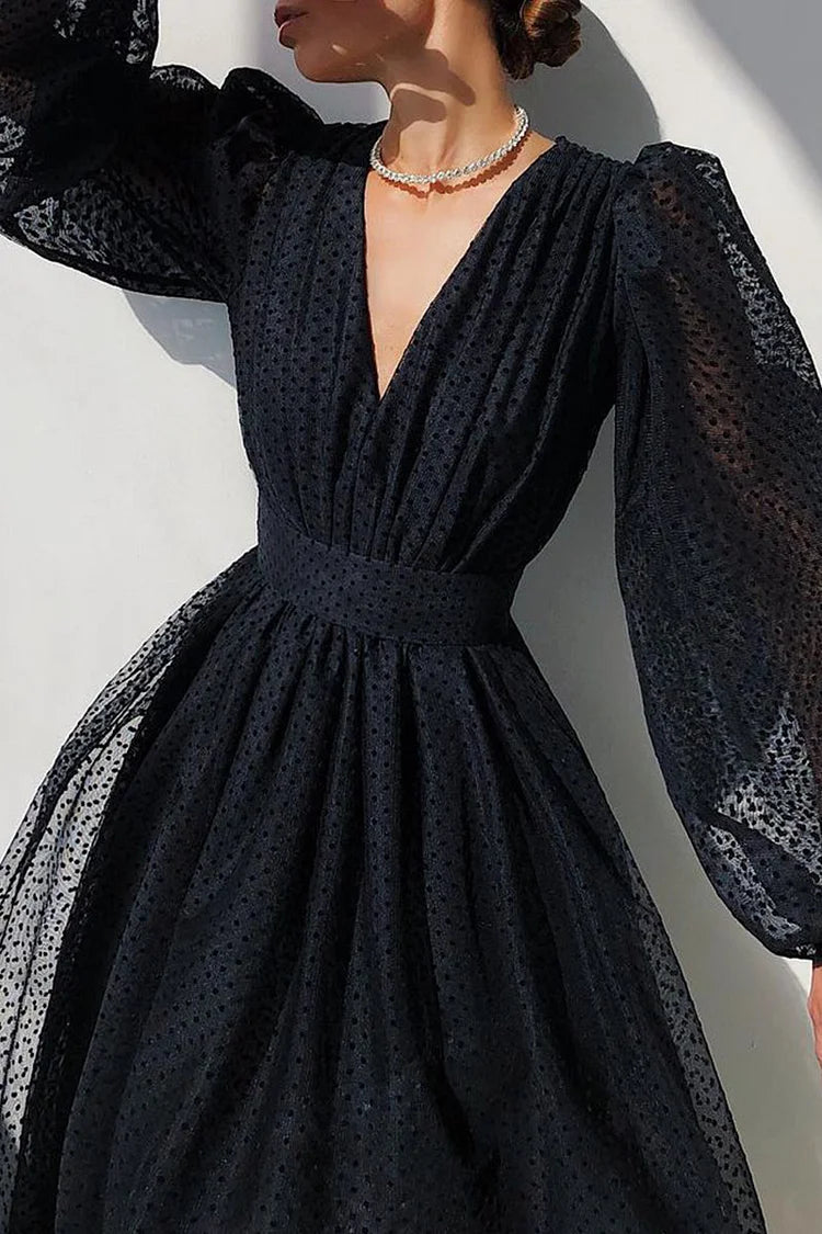 Women's Polka Dot Patchwork A-Line Dress - Puffy Long Sleeves