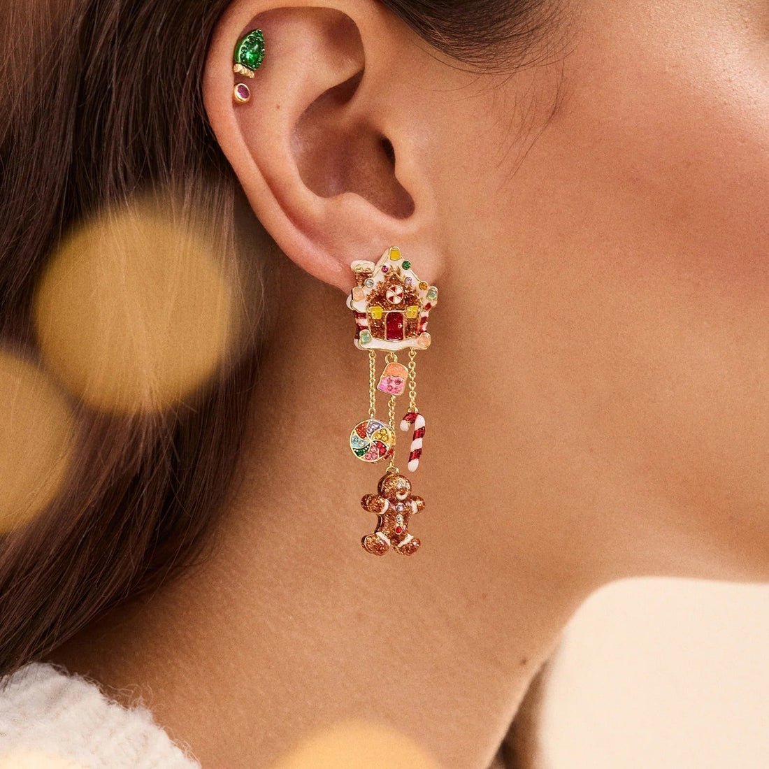Festive Gingerbread Drop Earrings with Layered House and Candy Design
