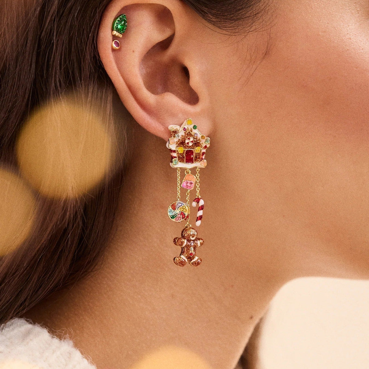 Festive Gingerbread Drop Earrings with Layered House and Candy Design
